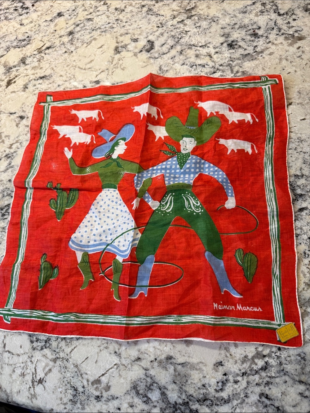 Neiman Marcus Red Linen Scarf with Green and Blue Accents
